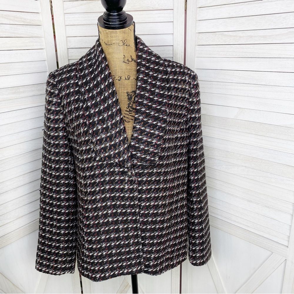 Coldwater Creek Tweed Blazer Jacket Womens 12 Black Maroon Single Button